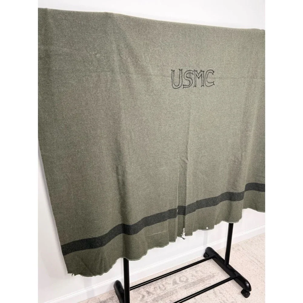 Vintage USMC Embroidered Wool Field Blanket Green Stripe 59” x 74”